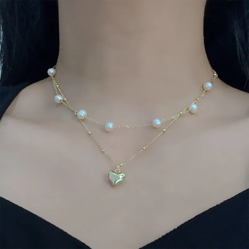 Double-layer Pearl Love Pendant Necklace