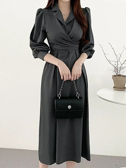 Polo Collar Cross Lace Up Long Dress