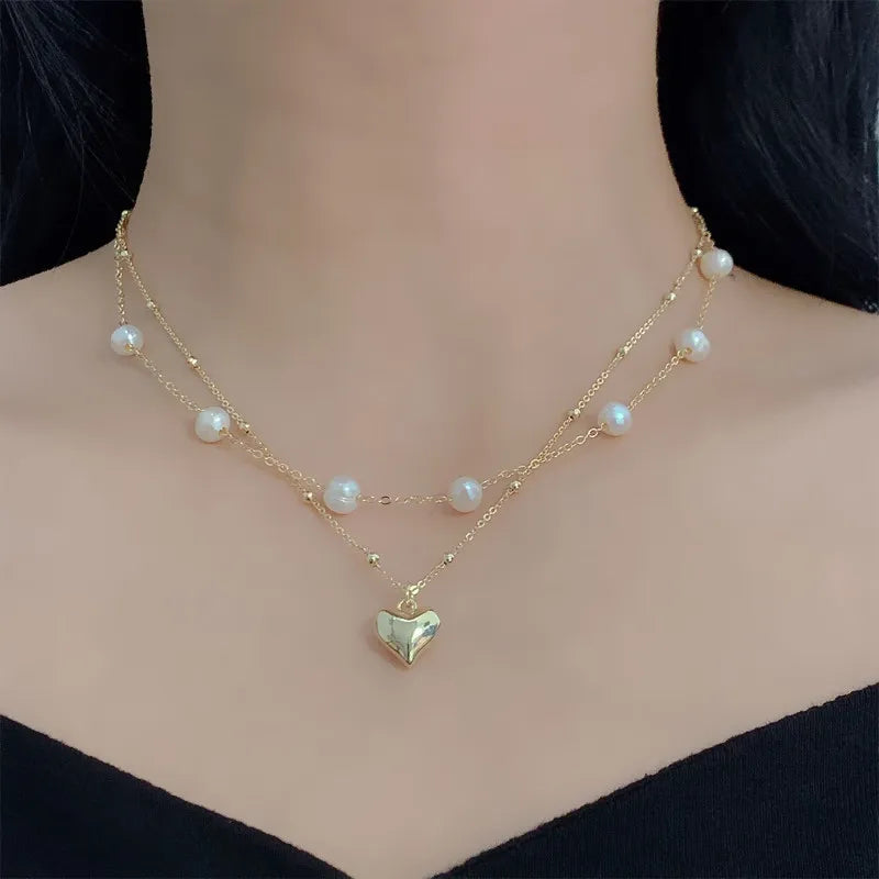 Double-layer Pearl Love Pendant Necklace