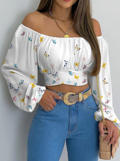 Long Lantern Sleeve Off Shoulder Slim Shirt